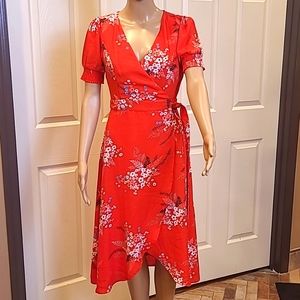 Lulu's All the Sweetness Red Floral Print Puff Sleeve Midi Wrap dress